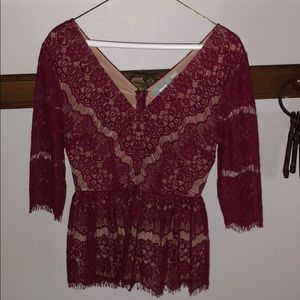 Anthropologie MaEVe maroon lace peplum top